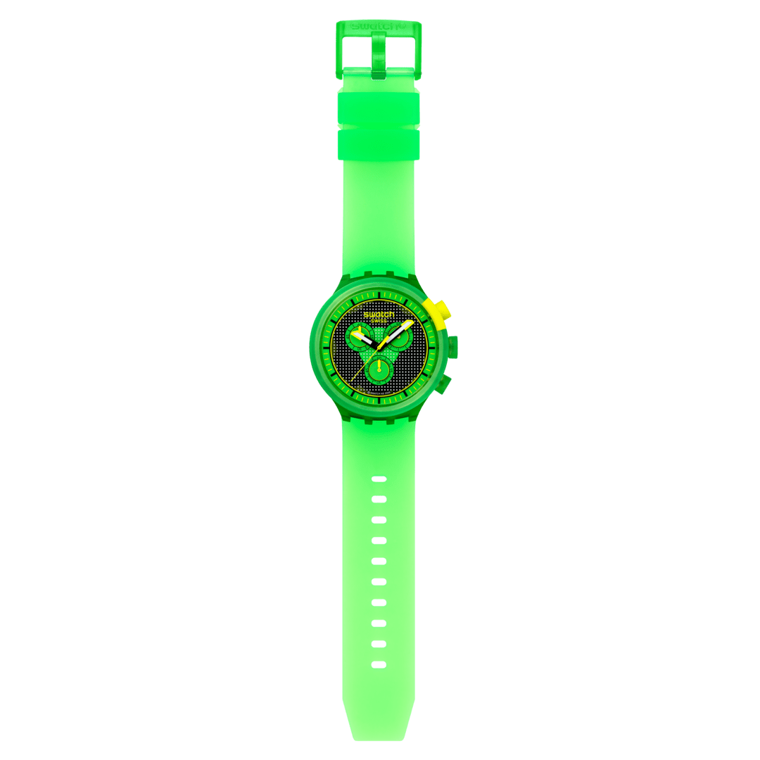 Swatch Glowingly green SB02G100 - cinturino silicone verde - cassa plastica verde - quadrante nero e verde con cronografo