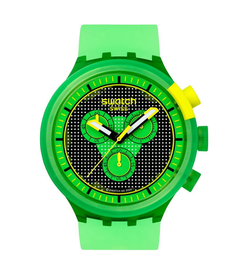 Swatch Glowingly green SB02G100 - cinturino silicone verde - cassa plastica verde - quadrante nero e verde con cronografo