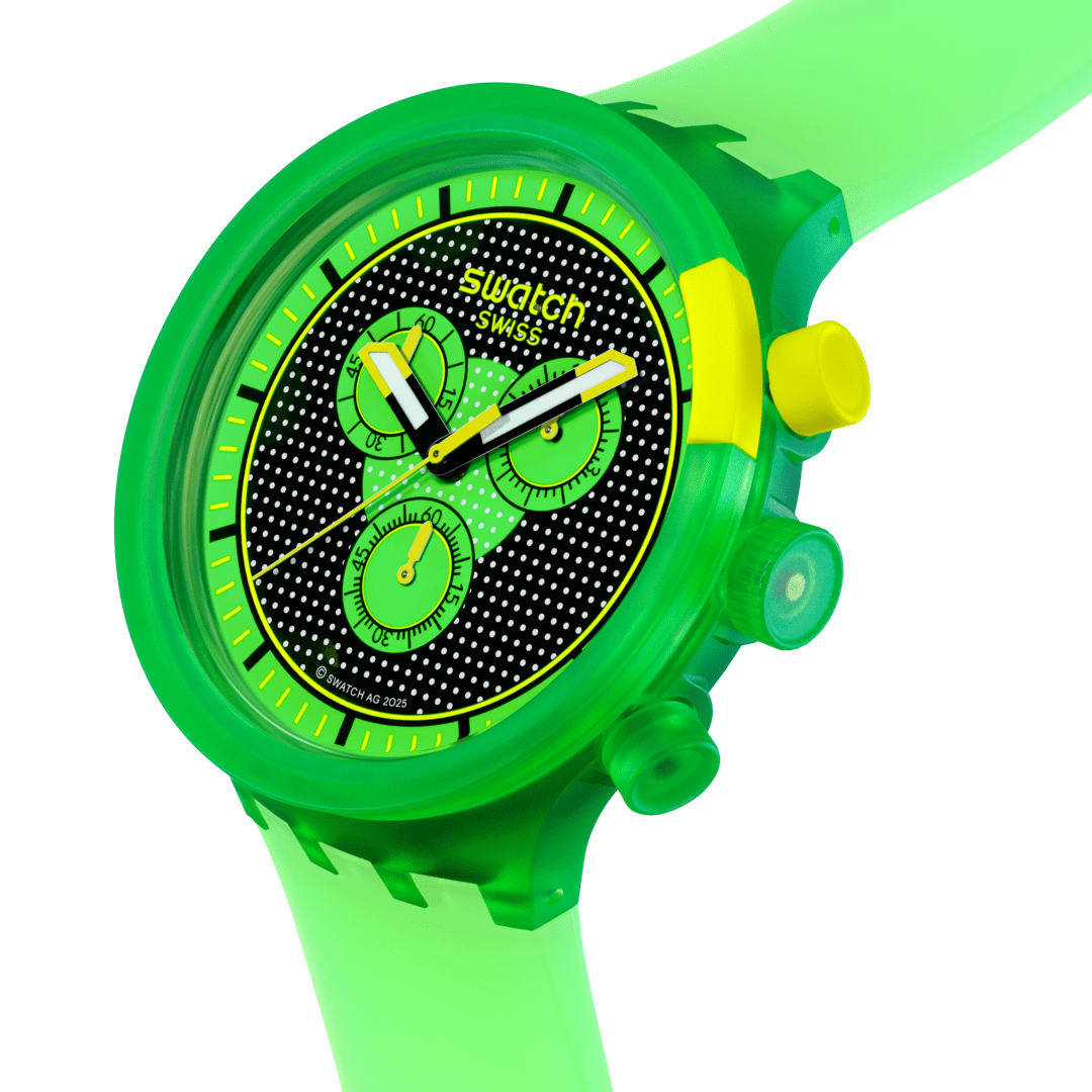 Swatch Glowingly green SB02G100 - cinturino silicone verde - cassa plastica verde - quadrante nero e verde con cronografo