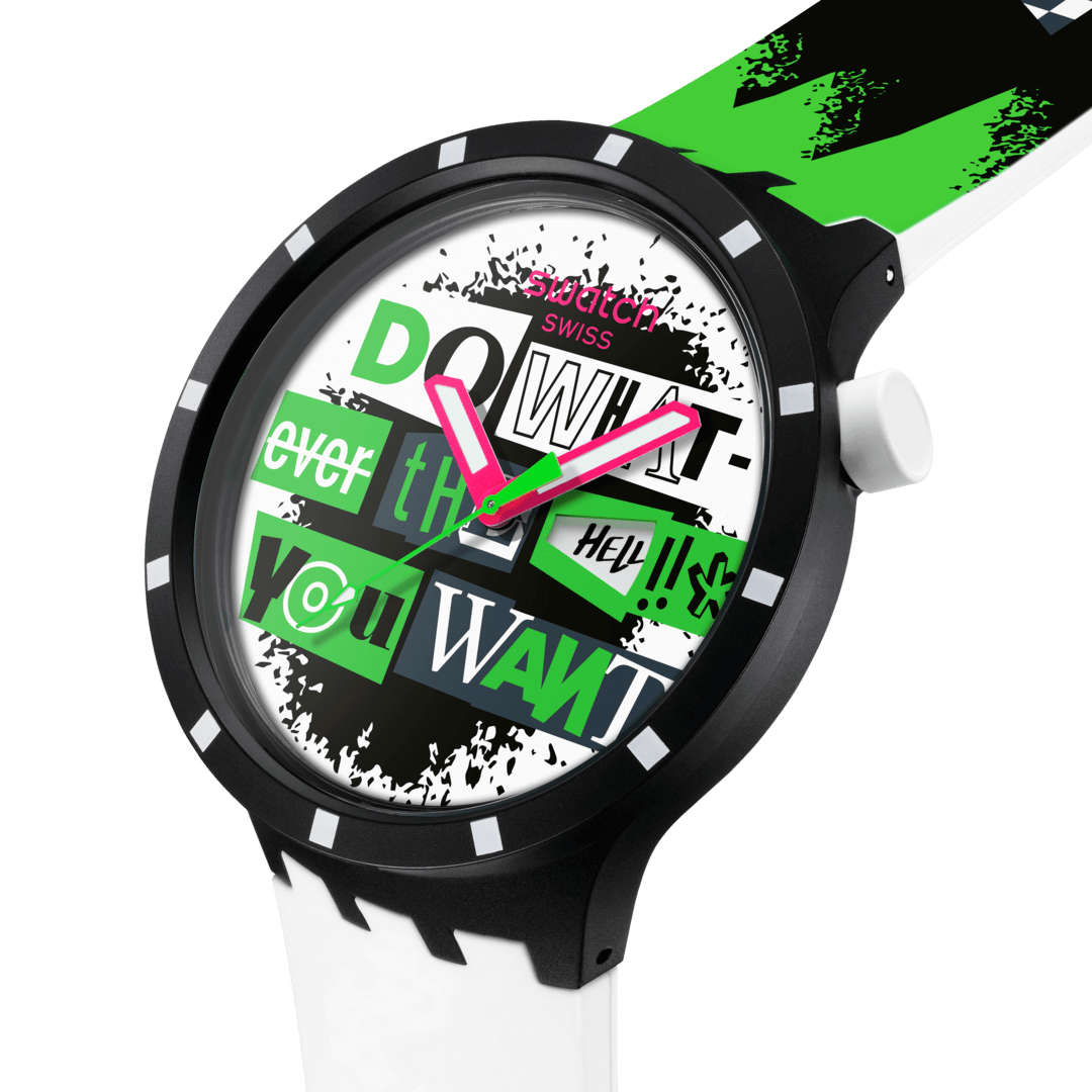 Swatch Lash out SB03B701 - quadrante con scritta nera/verde/bianca