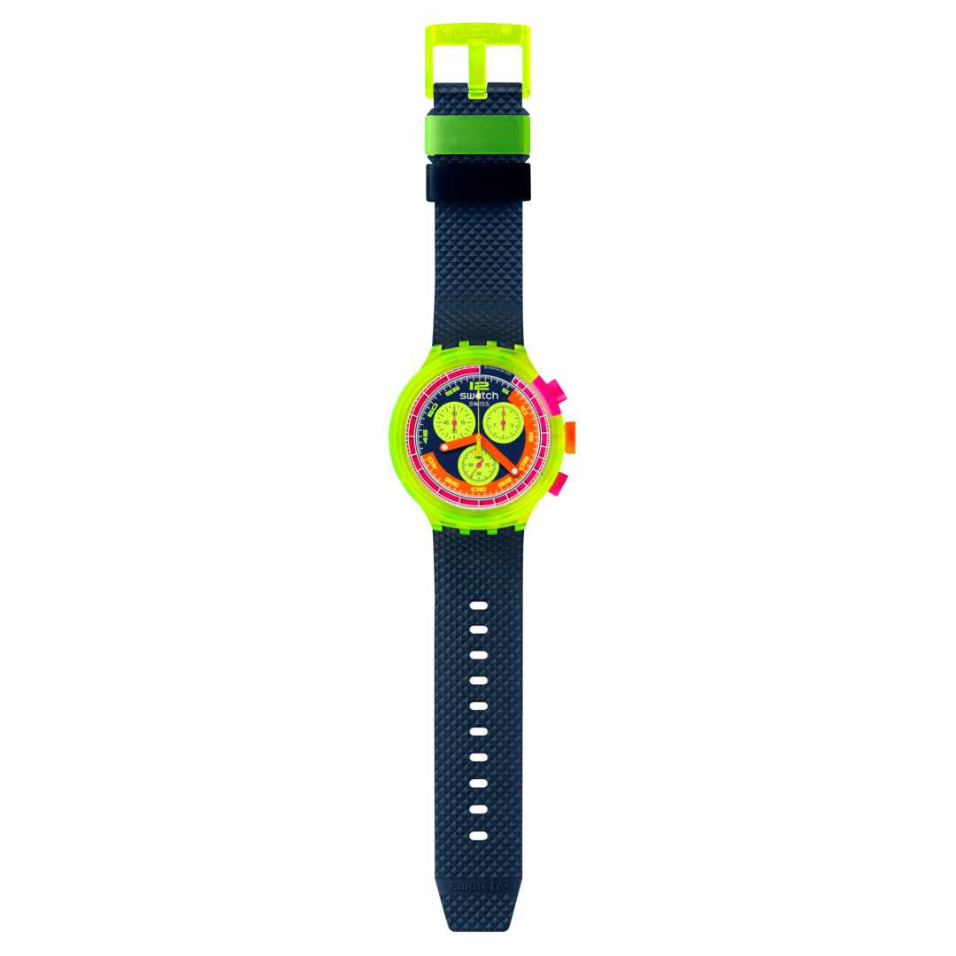 Swatch Neon to the max SB06J100 - cassa gialla, quadrante multicolor cronografo e cinturino blu
