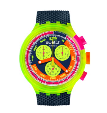 Swatch Neon to the max SB06J100 - cassa gialla, quadrante multicolor cronografo e cinturino blu