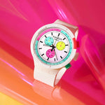 Load image into Gallery viewer, Swatch The purity of neon SB06W100 - cassa plastica bianca - cinturino silicone bianco - quadrante multicolor