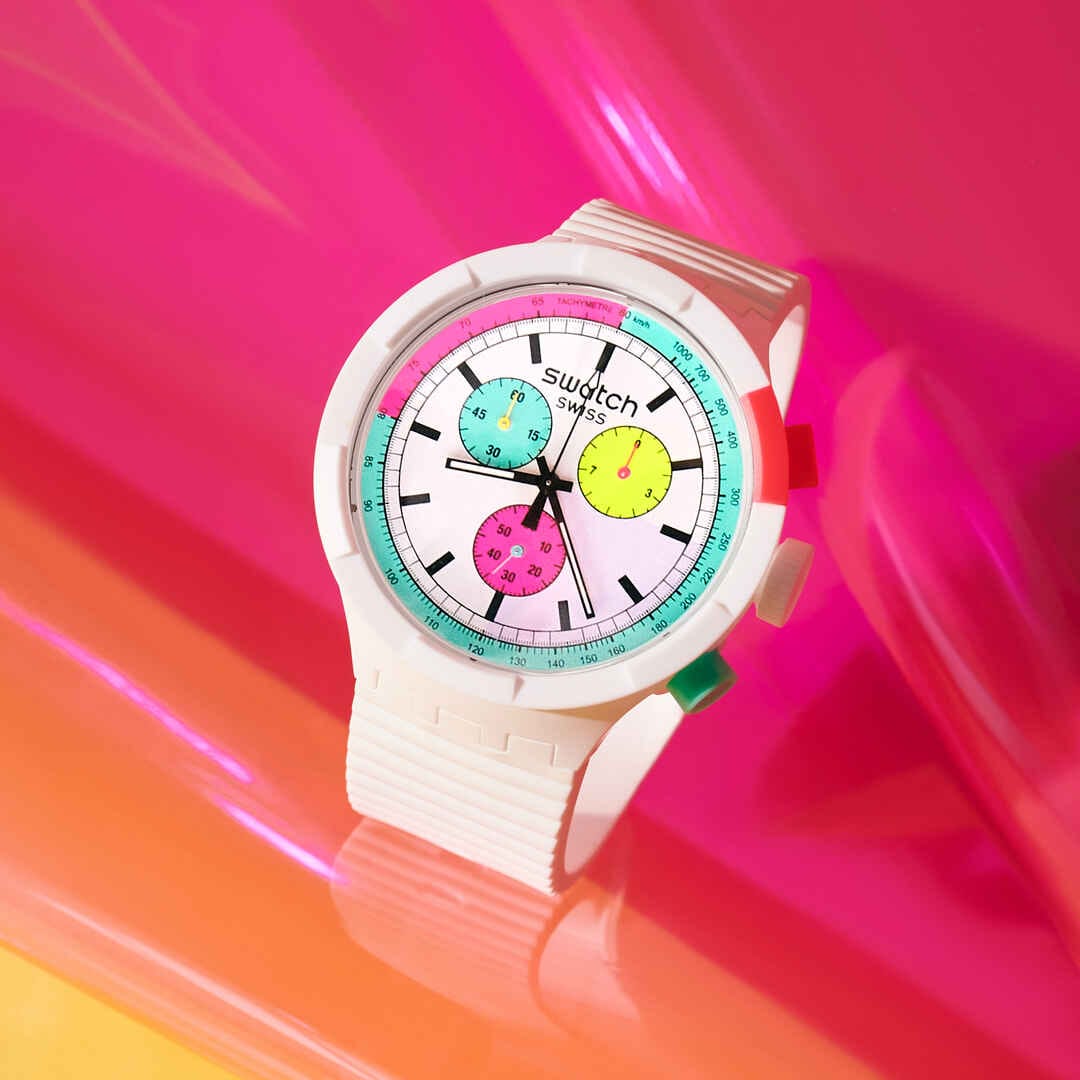 Swatch The purity of neon SB06W100 - cassa plastica bianca - cinturino silicone bianco - quadrante multicolor
