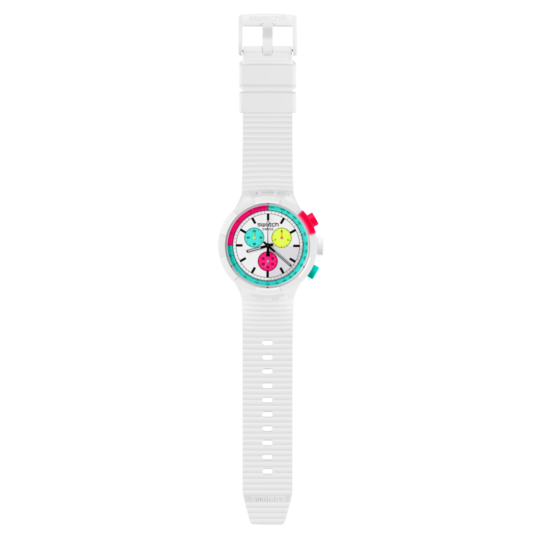 Swatch The purity of neon SB06W100 - cassa plastica bianca - cinturino silicone bianco - quadrante multicolor
