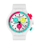 Load image into Gallery viewer, Swatch The purity of neon SB06W100 - cassa plastica bianca - cinturino silicone bianco - quadrante multicolor