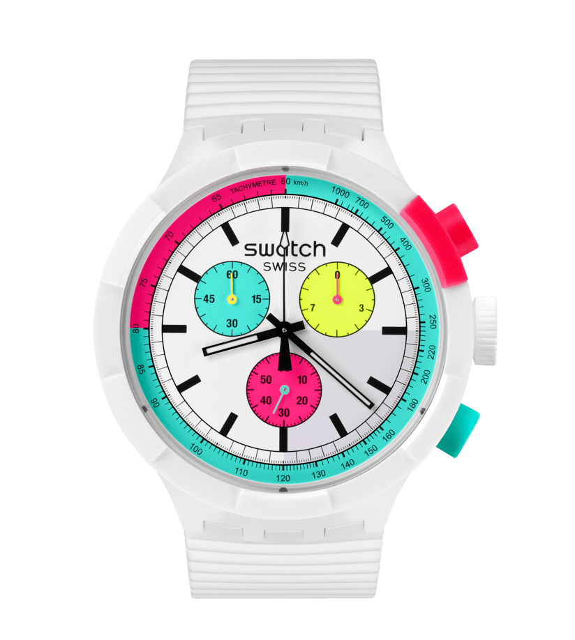 Swatch The purity of neon SB06W100 - cassa plastica bianca - cinturino silicone bianco - quadrante multicolor