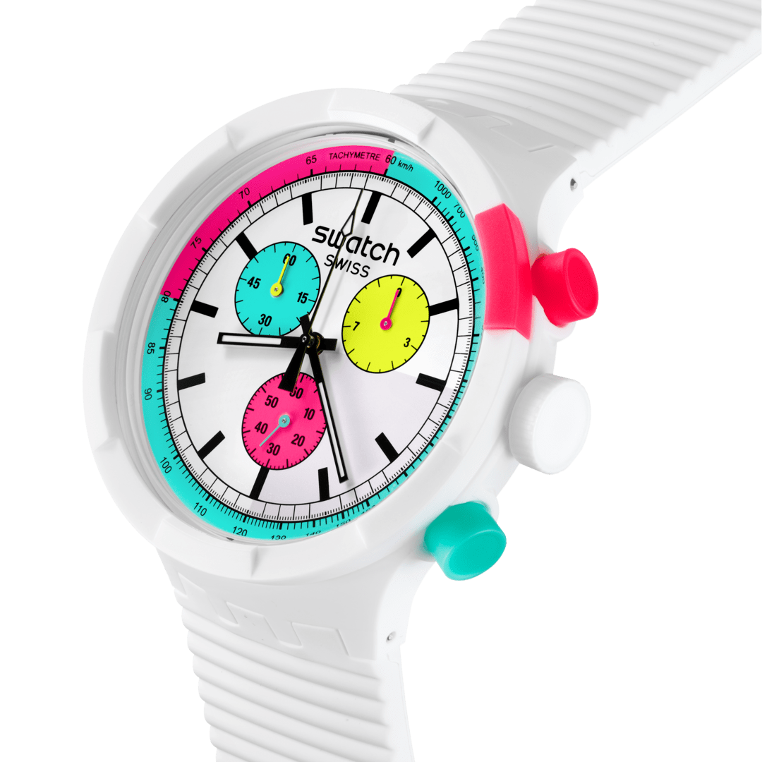 Swatch The purity of neon SB06W100 - cassa plastica bianca - cinturino silicone bianco - quadrante multicolor
