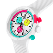 Swatch The purity of neon SB06W100 - cassa plastica bianca - cinturino silicone bianco - quadrante multicolor