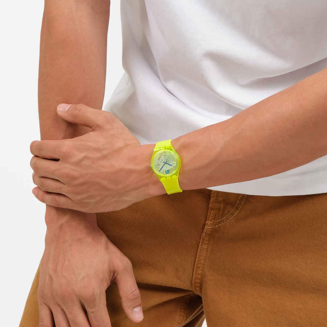 Swatch Luminously lemon SO28J103 - cassa plastica gialla - cinturino silicone giallo - quadrante giallo con puntini verdi
