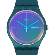 Swatch Fade to pink SO29N707 - cinturino e cassa blu - quadrante azzurro sfumato di rosa e verde