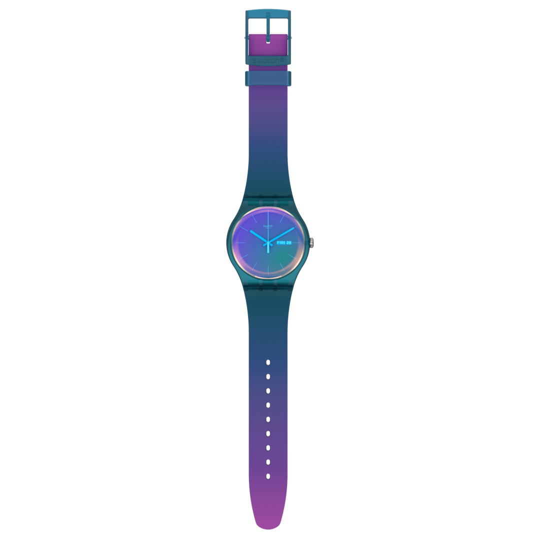 Swatch Fade to pink SO29N707 - cinturino e cassa blu - quadrante azzurro sfumato di rosa e verde