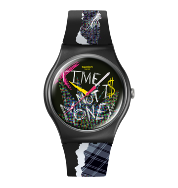 Swatch Blank check SO32B122-5300 - cinturino e cassa neri - quadrante nero con scritta bianca "Time is not money"