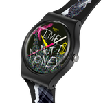 Load image into Gallery viewer, Swatch Blank check SO32B122-5300 - cinturino e cassa neri - quadrante nero con scritta bianca "Time is not money"