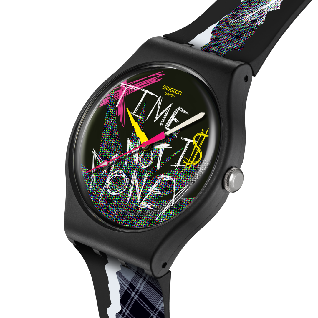 Swatch Blank check SO32B122-5300 - cinturino e cassa neri - quadrante nero con scritta bianca "Time is not money"