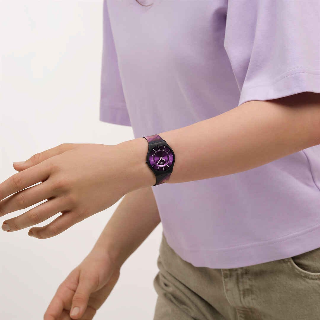 Swatch Paradise bloom SS08B106 - cinturino silicone multicolor - cassa nera - quadrante viola - polso