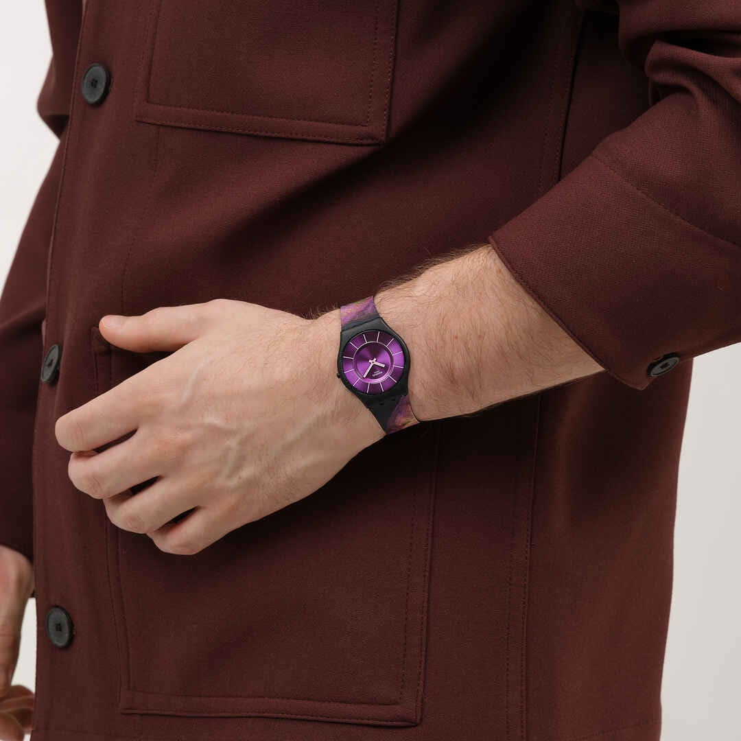Swatch Paradise bloom SS08B106 - cinturino silicone multicolor - cassa nera - quadrante viola - polso