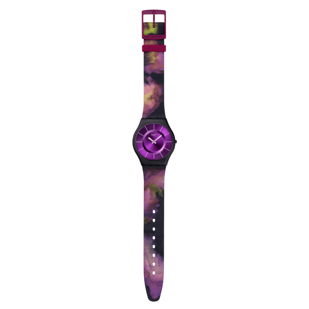 Swatch Paradise bloom SS08B106 - cinturino silicone multicolor - cassa nera - quadrante viola