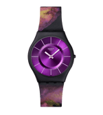 Load image into Gallery viewer, Swatch Paradise bloom SS08B106 - cinturino silicone multicolor - cassa nera - quadrante viola