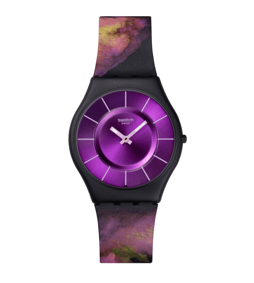 Swatch Paradise bloom SS08B106 - cinturino silicone multicolor - cassa nera - quadrante viola
