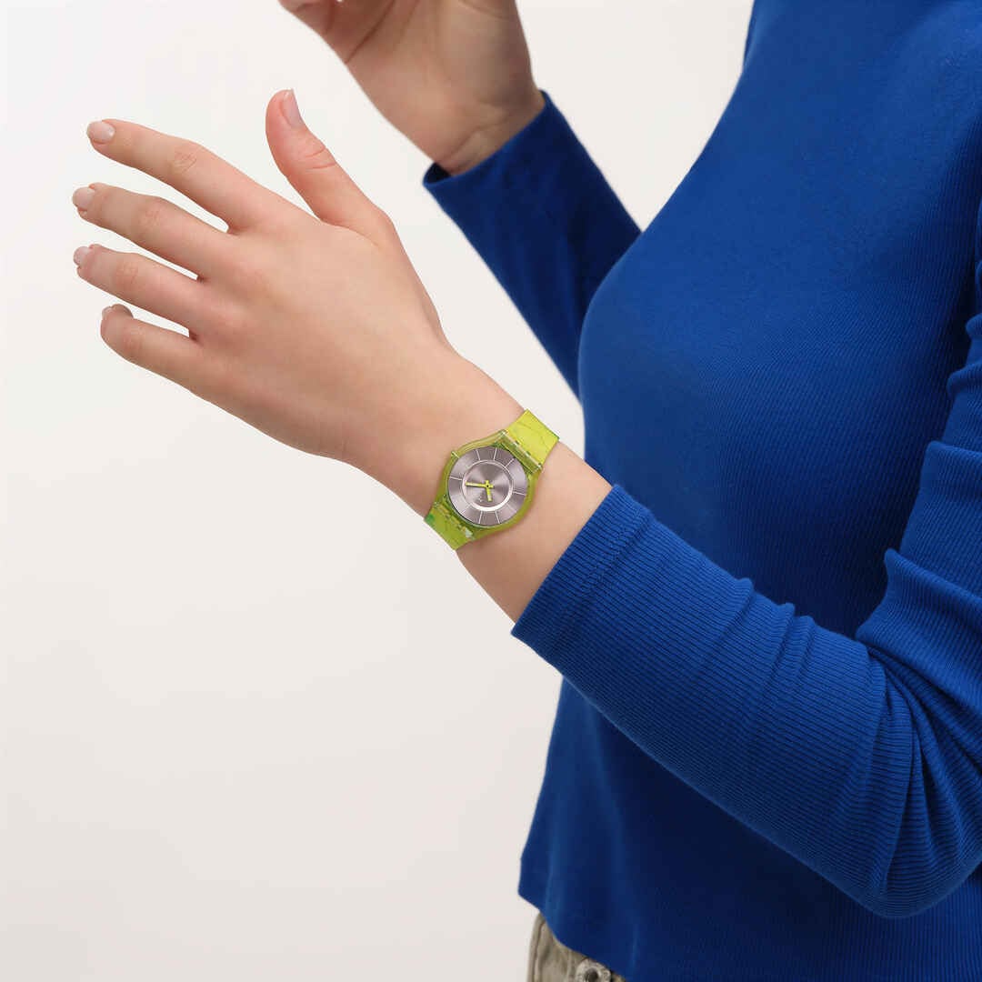 Swatch Paradise canopy SS08G112 - cassa gialla - cinturino silicone multicolor - quadrante argento - polso