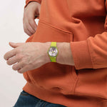 Load image into Gallery viewer, Swatch Paradise canopy SS08G112 - cassa gialla - cinturino silicone multicolor - quadrante argento - polso
