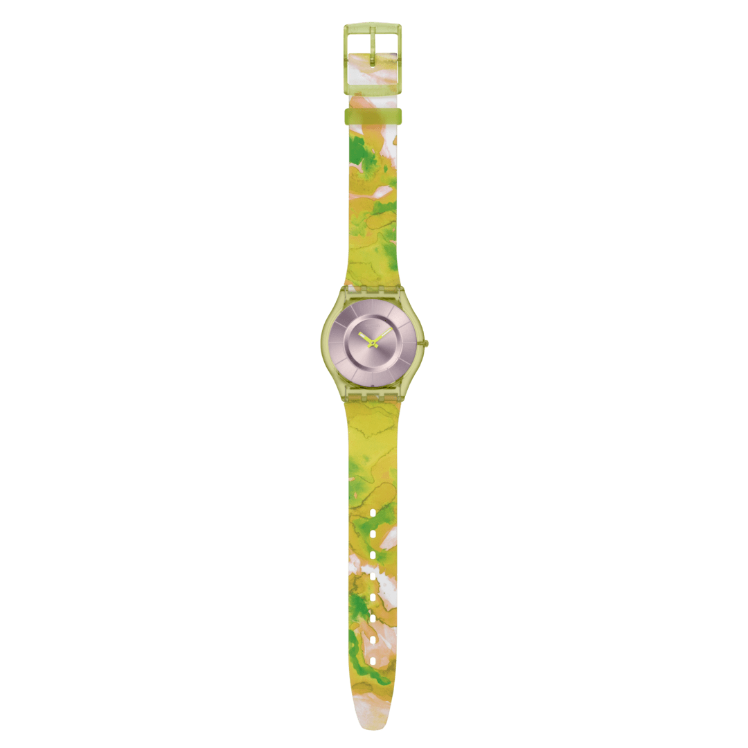 Swatch Paradise canopy SS08G112 - cassa gialla - cinturino silicone multicolor - quadrante argento
