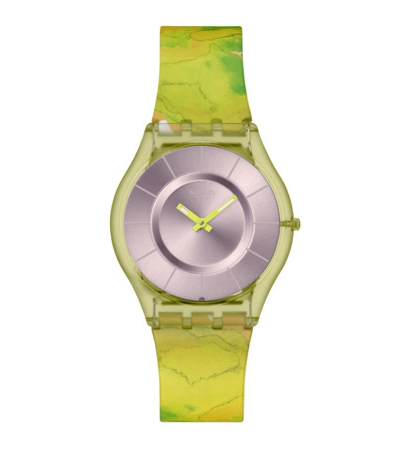 Swatch Paradise canopy SS08G112 - cassa gialla - cinturino silicone multicolor - quadrante argento
