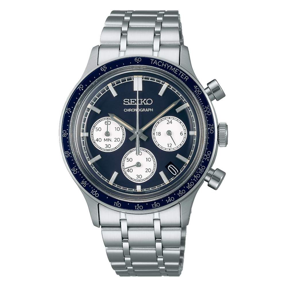 Quadrante blu sportivo del Seiko Sport Chronograph SSB477P1 con contatori bianchi del cronografo, indici e lancette argento con rivestimento Lumibrite