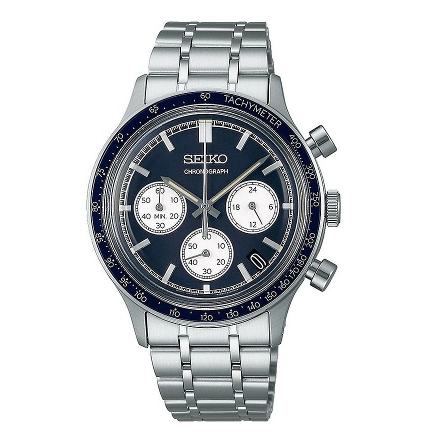 Cassa rotonda in acciaio inox da 38,7 mm con vetro Hardlex a forma di scatola e spessore 12,6 mm del Seiko Sport Chronograph SSB477P1