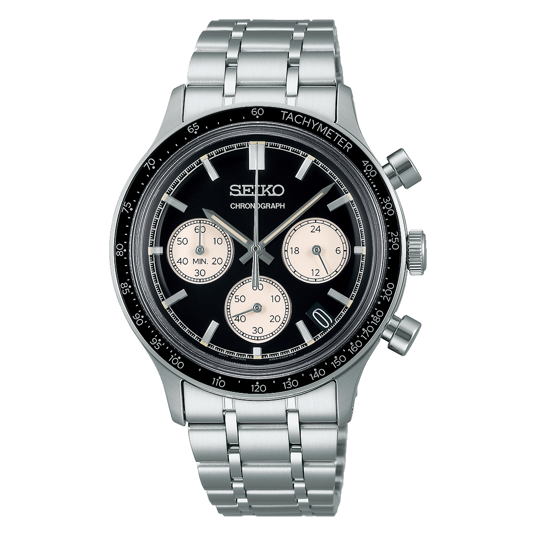 Quadrante blu con contatori cronografici bianchi e lancette in acciaio inox con rivestimento Lumibrite del Seiko Sport Chronograph