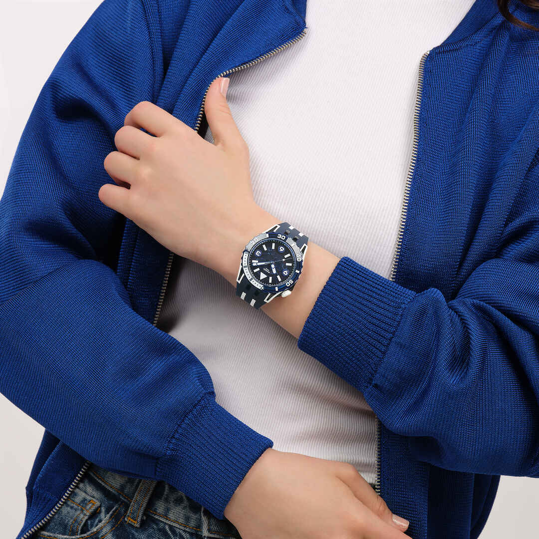 Swatch Sea wasp SSCU09N100 - cassa blu - quadrante blu trasparente - cinturino silicone blu - polso