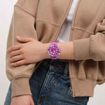 Load image into Gallery viewer, Swatch Flower hat SSCU09P100 - cassa viola - quadrante viola trasparente - cinturino silicone viola - polso