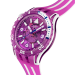 Load image into Gallery viewer, Swatch Flower hat SSCU09P100 - cassa viola - quadrante viola trasparente - cinturino silicone viola