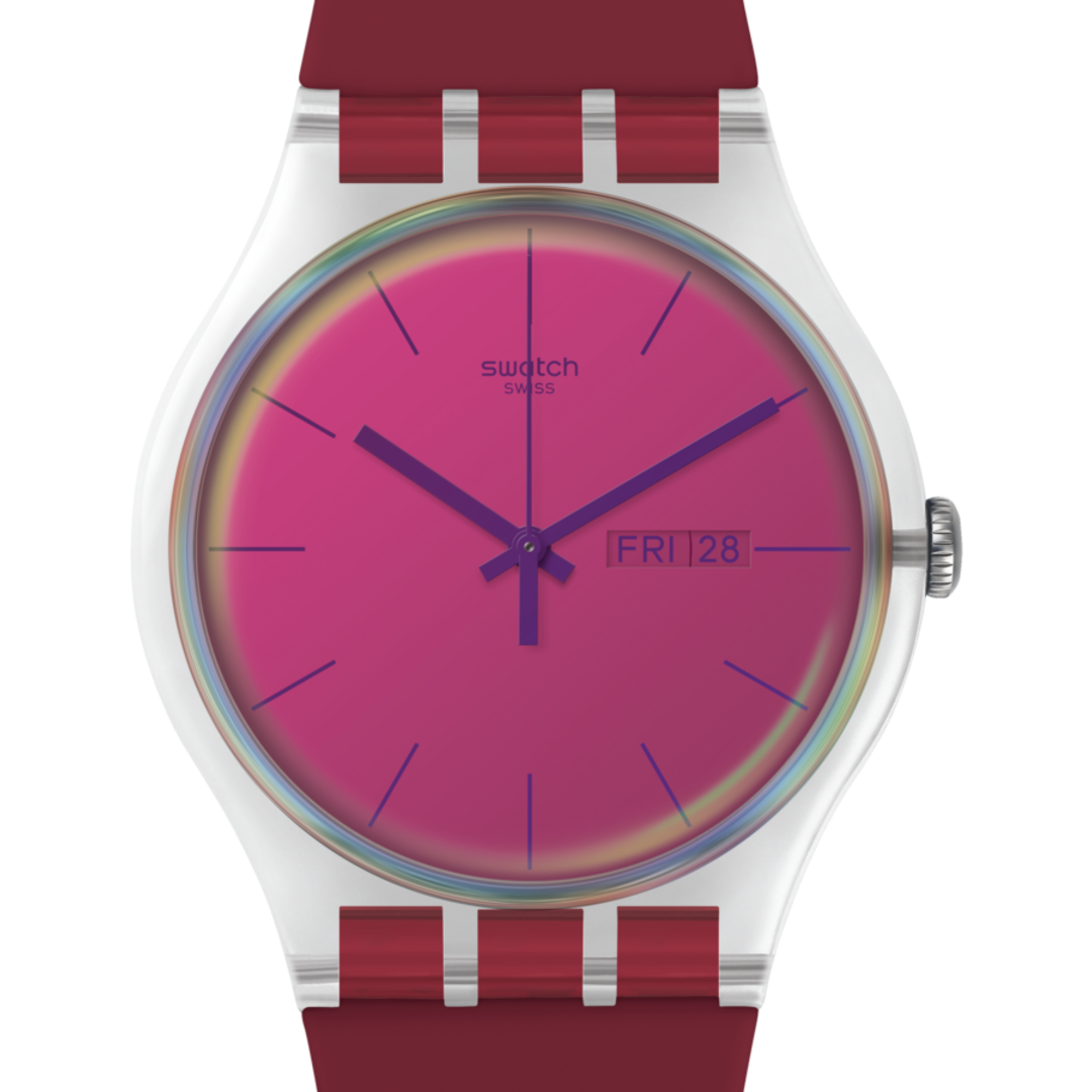 Swatch Polared SUOK717 - cinturino silicone rosso bordeaux - cassa trasparente - quadrante rosa