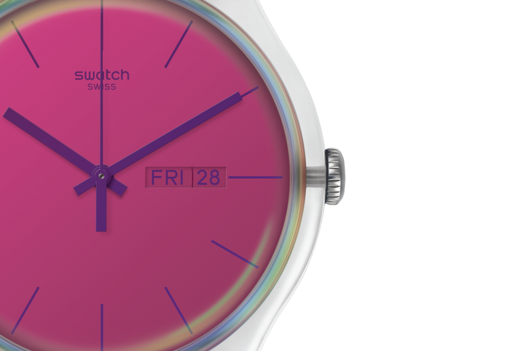 Swatch Polared SUOK717 - cinturino silicone rosso bordeaux - cassa trasparente - quadrante rosa