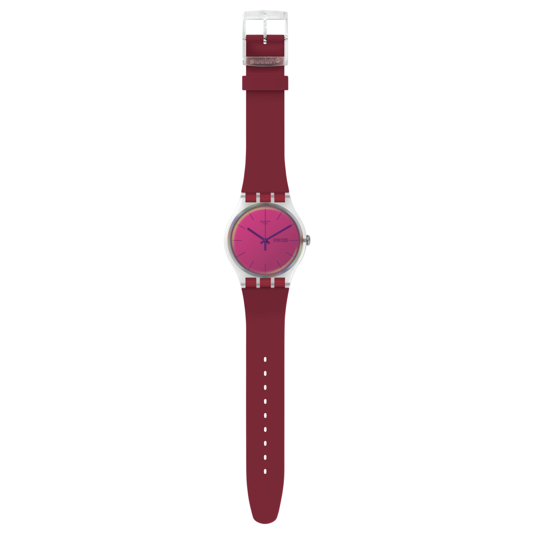 Swatch Polared SUOK717 - cinturino silicone rosso bordeaux - cassa trasparente - quadrante rosa