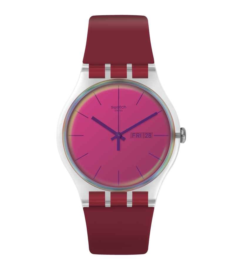Swatch Polared SUOK717 - cinturino silicone rosso bordeaux - cassa trasparente - quadrante rosa