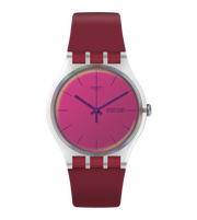 Swatch Polared SUOK717 - cinturino silicone rosso bordeaux - cassa trasparente - quadrante rosa