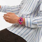 Load image into Gallery viewer, Swatch Fuchsia lines SUSB110 - cassa plastica nera - cinturino silicone rosa - quadrante multicolor con cronografo