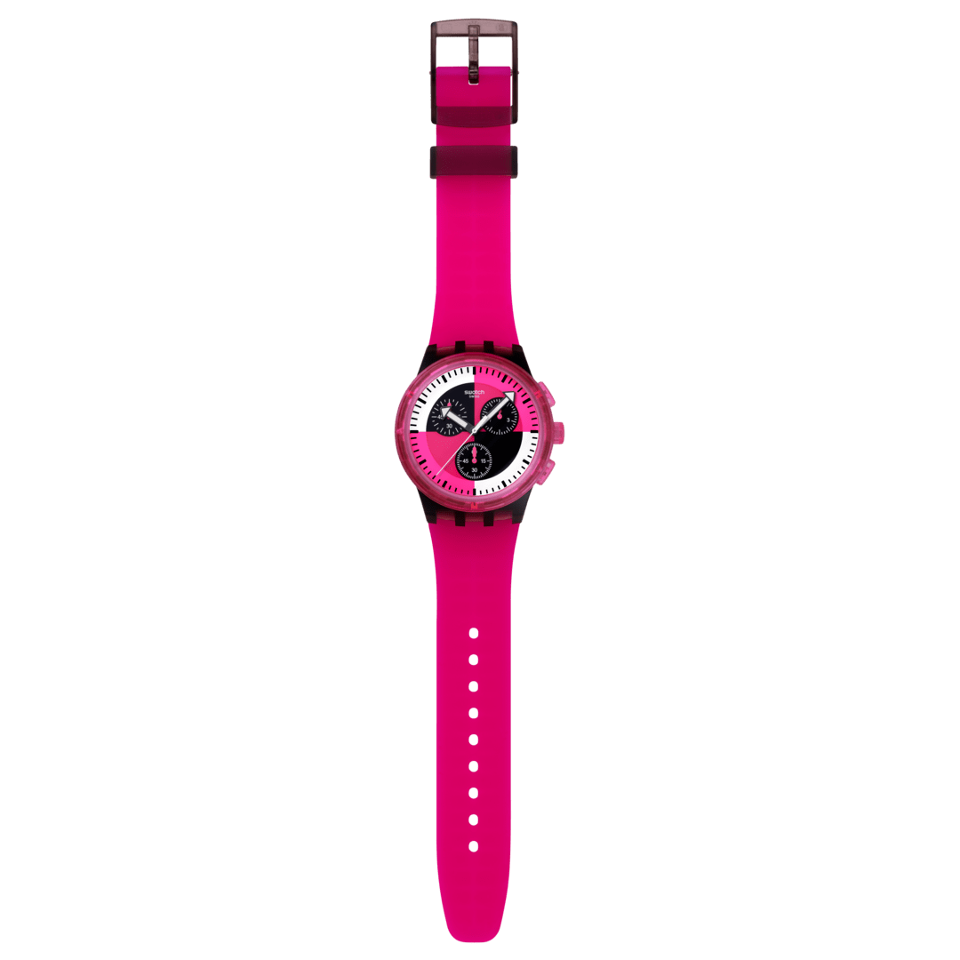 Swatch Fuchsia lines SUSB110 - cassa plastica nera - cinturino silicone rosa - quadrante multicolor con cronografo