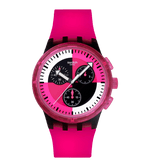 Load image into Gallery viewer, Swatch Fuchsia lines SUSB110 - cassa plastica nera - cinturino silicone rosa - quadrante multicolor con cronografo