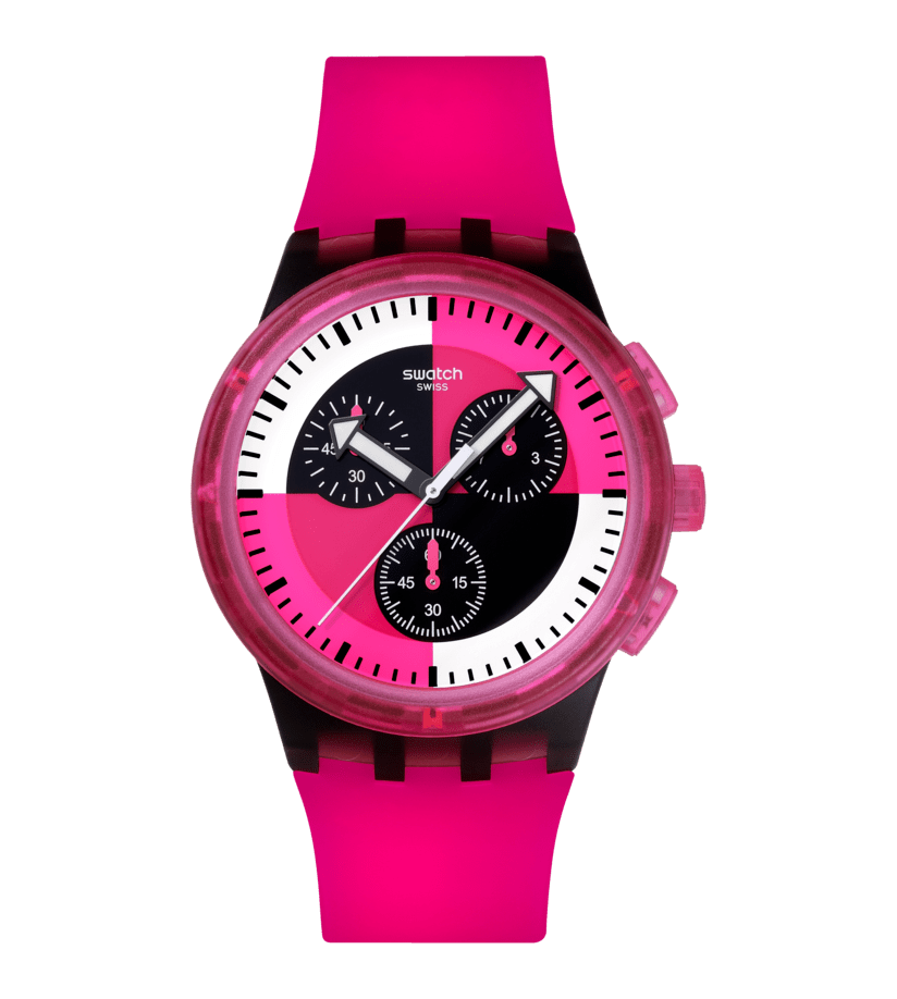 Swatch Fuchsia lines SUSB110 - cassa plastica nera - cinturino silicone rosa - quadrante multicolor con cronografo