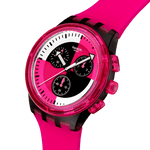 Load image into Gallery viewer, Swatch Fuchsia lines SUSB110 - cassa plastica nera - cinturino silicone rosa - quadrante multicolor con cronografo