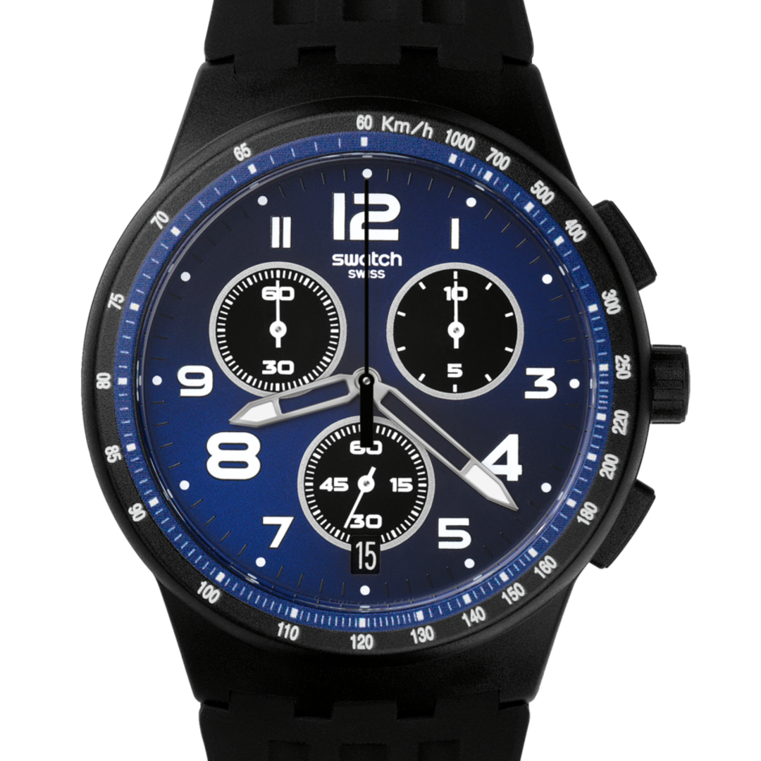 Swatch Nitespeed SUSB402 - cinturino silicone nero - cassa plastica nera - quadrante blu con datario e cronografo