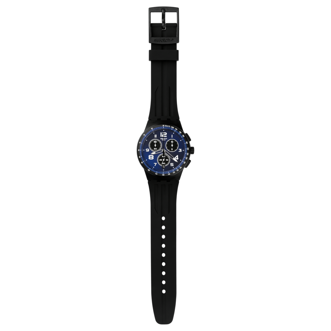 Swatch Nitespeed SUSB402 - cinturino silicone nero - cassa plastica nera - quadrante blu con datario e cronografo