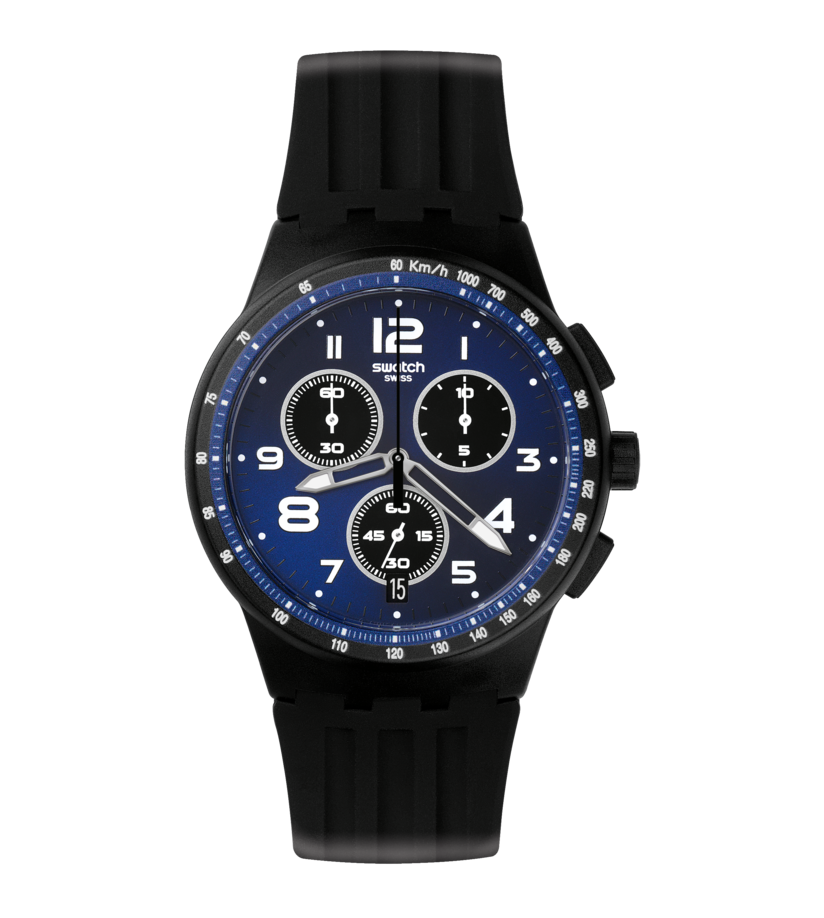 Swatch Nitespeed SUSB402 - cinturino silicone nero - cassa plastica nera - quadrante blu con datario e cronografo