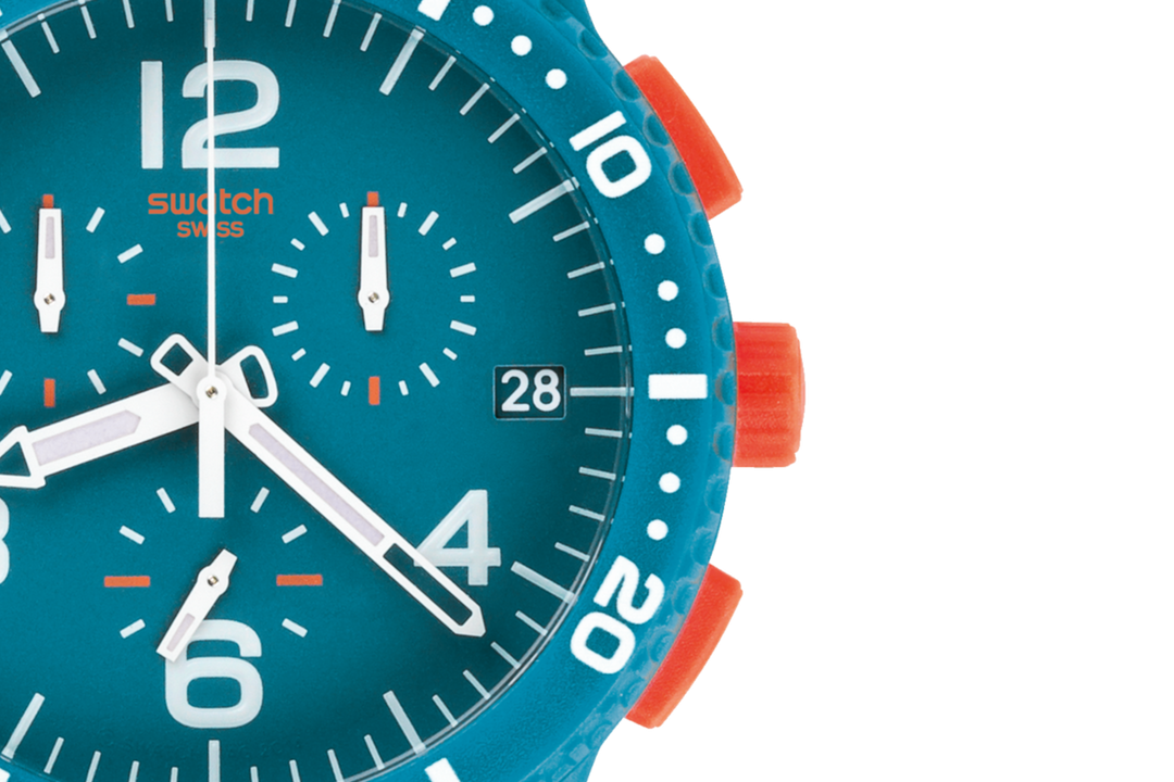 Swatch Patmos SUSN406 - cinturino silicone azzurro - cassa plastica azzurro - quadrante azzurro con datario e cronografo