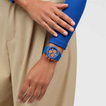 Load image into Gallery viewer, Swatch Primarily blue SUSN419 - cassa blu - cinturino silicone blu - quadrante blu e arancione - cronografo e datario