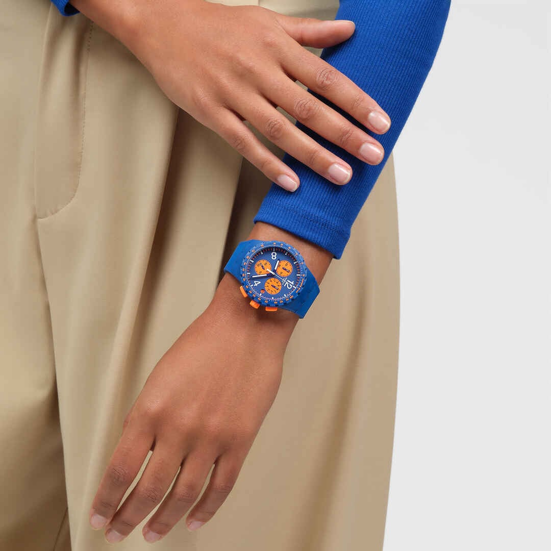 Swatch Primarily blue SUSN419 - cassa blu - cinturino silicone blu - quadrante blu e arancione - cronografo e datario